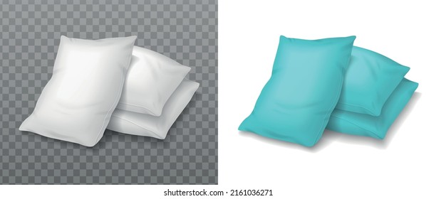 Pillows realistic set with two compositions of lavender and white colored pillows on blank transparent backgrounds vector illustration