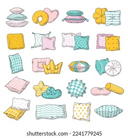 Pillows. Relax time items sleeping soft pillows recent vector colored cartoon illustrations