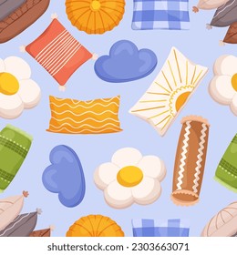 Pillows Seamless Pattern, Creative Design Featuring Various Soft Pillows In Different Shapes, Sizes, And Ornaments. Cozy Decorative Tile Background, Textile Decor. Cartoon Vector Illustration