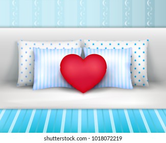 Pillows set on bed by headboard realistic composition with striped bedlinnen and heart shaped cushion vector illustration 