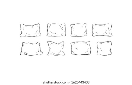 Pillows set ready for a quick nap arranged in a line, outline hand drawn decoration. Different headrest collection drawing. Pillow for beauty sleep and good dream, original sketch.