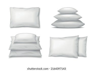 Pillows set with realistic isolated images of white pillows in stacks with shadows on blank background vector illustration