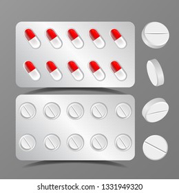 Pillows Set Vector. Medical Capsule. Pharmacy Antibiotic. Round Drug. Isolated Realistic Illustration