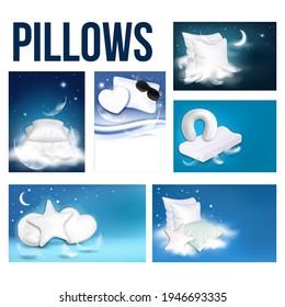 Pillows For Sleeping Advertising Banner Set Vector. Insomnia Advertise Poster With Pillows In Classic And Heart, Star And Round Shapes. Bedroom Accessory For Comfort Sleep Template Illustrations