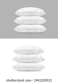 Pillows stack, white realistic cushions 3d vector mockup, rectangular pads pile side view. Soft accessories for sleep and relaxation, blank pillows design elements isolated on transparent background