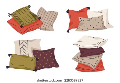 Pillows vector collection. Textile home interior pillows, feathered sofa cushions, cozy pillows flat vector illustration set