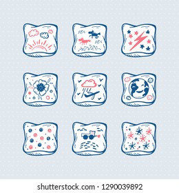 Pillows Vector Set. Hand Drawn Doodle Sketch Bed Pillow with Cute Prints. Cartoon Cushion Icons 