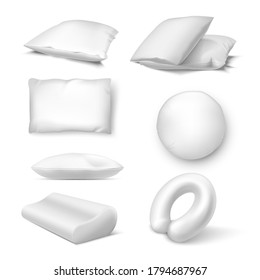 Pillows in white color assortment realistic mockups set. Bed Cushions of different shapes and sizes rectangular, square, round, neck roll, airplane. Vector pillows templates collection.