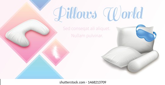 Pillows World Horizontal Banner, Blank Square, Cylinder, Rectangular and Neck Pads with Blindfold, Soft Cushions for Comfortable Sleep and Relaxation, Ad Flyer Mock Up Realistic 3d Vector Illustration