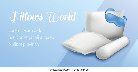 Pillows World Horizontal Banner Blank Square, Cylinder and Rectangular Pads with Blindfold on Blue Background, Soft Cushions Mock Up for Comfortable Sleep, Relaxation, Realistic 3d Vector Illustration