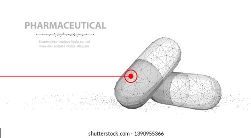 Pills. Abstract 3d closeup illustration two capsule pills with red line isolated on white background. Medical pharmacy, health, vitamin, antibiotic pharmaceutical, treatment concept