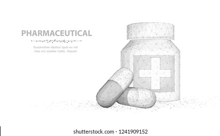 Pills. Abstract 3d illustration two capsule pills near bottle isolated on white background. Medical pharmacy, health, vitamin, antibiotic pharmaceutical, treatment concept