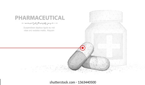 Pills. Abstract 3d illustration two capsule pills near bottle isolated on white background. Medical pharmacy, health, vitamin, antibiotic pharmaceutical, treatment concept