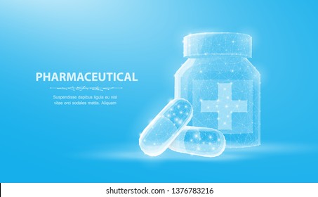 Pills. Abstract 3d illustration two capsule pills near bottle isolated on blue background. Medical, pharmacy, health, vitamin, antibiotic, pharmaceutical, treatment concept