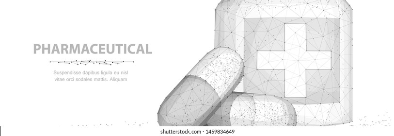 Pills. Abstract 3d illustration two capsule pills near bottle isolated on white background. Medical pharmacy, health, vitamin, antibiotic pharmaceutical, treatment concept