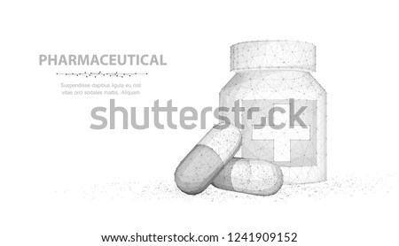 Pills. Abstract 3d illustration two capsule pills near bottle isolated on white background. Medical pharmacy, health, vitamin, antibiotic pharmaceutical, treatment concept
