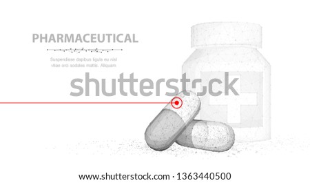 Pills. Abstract 3d illustration two capsule pills near bottle isolated on white background. Medical pharmacy, health, vitamin, antibiotic pharmaceutical, treatment concept