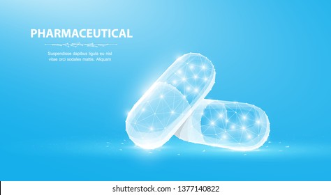 Pills. Abstract polygonal 3d wireframe two capsule pills on blue. Medical, pharmacy, health, vitamin, antibiotic, pharmaceutical, treatment concept illustration or background