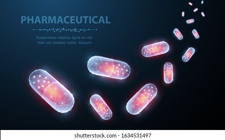 Pills. Abstract polygonal capsule pills falling on blue. Medical, pharmacy, health, vitamin, antibiotic, pharmaceutical, treatment concept illustration or background