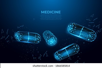 Pills. Abstract polygonal wireframe capsule pills on blue background. Medical, pharmacy, health, vitamin, antibiotic, pharmaceutical, treatment concept illustration or background