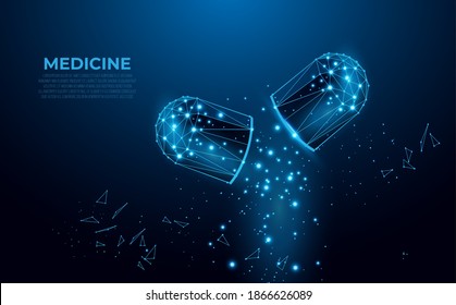 Pills. Abstract polygonal wireframe capsule pills on blue background. Medical, pharmacy, health, vitamin, antibiotic, pharmaceutical, treatment concept illustration or background