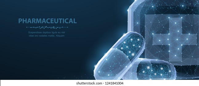 Pills. Abstract polygonal wireframe two capsule pills near bottle blue background. Medical, pharmacy, health, vitamin, antibiotic, pharmaceutical, treatment concept illustration or background