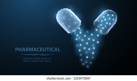 Pills. Abstract polygonal wireframe two capsule pills on blue. Medical, pharmacy, health, vitamin, antibiotic, pharmaceutical, treatment concept illustration or background