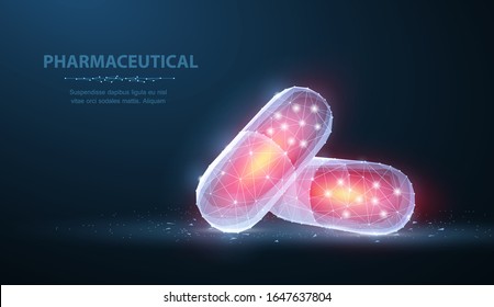 Pills. Abstract polygonal wireframe two red capsule pills on blue. Medical, pharmacy, health, vitamin, antibiotic, pharmaceutical, treatment concept illustration or background