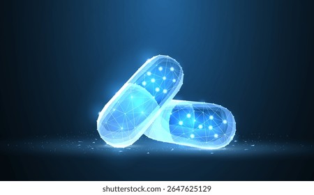 Pills. Abstract polygonal wireframe two capsule pills on blue. Medical, pharmacy technology, health, vitamin, antibiotic, pharmaceutical, treatment concept illustration or background