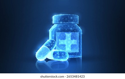 Pílulas. Abstrato poligonal wireframe duas cápsulas pílulas perto do fundo azul garrafa. Médico, farmácia, saúde, vitamina, antibiótico, farmacêutico, ilustração de conceito de tratamento ou fundo