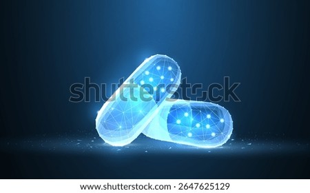Pills. Abstract polygonal wireframe two capsule pills on blue. Medical, pharmacy technology, health, vitamin, antibiotic, pharmaceutical, treatment concept illustration or background