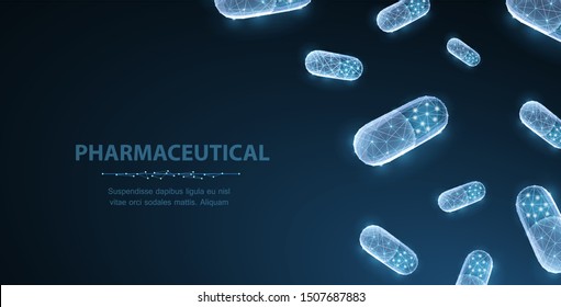 Pillen. Abstrakte vektorpolygonale Kapseln auf blauem Schreibtisch. Medizin, Pharmazie, Vitamin-Gesundheit, Antibiotikapsel, Arzneimittel, Anwendungskonzept-Illustration oder Hintergrund