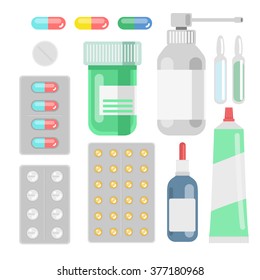Pills against diseases vector set. Pills in your medicine chest. Pills bottles vector illustration. Aerosol cough. Pills, capsule, drugs against viruses.