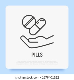 Pills, Antibiotics, Medicine In Human Hand Thin Line Icon. Medical Prescription. Vitamins. Pharmacy Industry. Healthcare And Medical Vector Illustration.