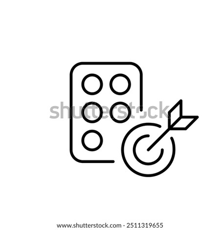 Pills and arrow hitting target. Precise medication, hitting goals in treatment plans. Successful medicine. Pixel perfect vector icon