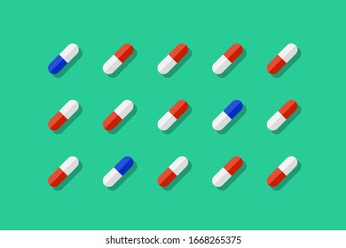 Pills assorted and neatly arranged on green background. Vector illustration in flat design with shadow.