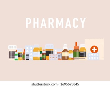 Pills background. Poster/banner for web site. Pharmacy, painkiller capsules and medical drug.