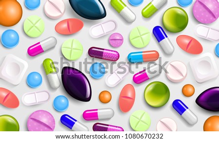 Pills background. Vitamin tablets for good health and antibiotic medications. Poster banner for web site. Pharmacy, painkiller capsules and medical drug.