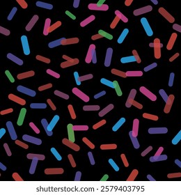 Pills or bacteria colorful seamless pattern. Transparent overlay chaotic geometric objects on a black background. Medical theme texture.