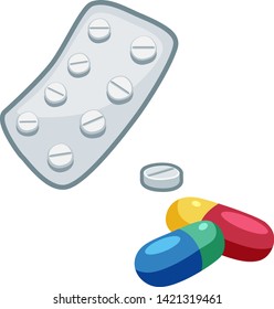 Pills in blister and capsules cartoon vector icon