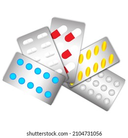 Píldoras en blíster. Elementos de color. Antecedentes farmacéuticos. Atención médica de medicina. Ilustración vectorial. Imagen de archivo. 