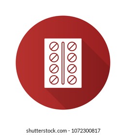 Pills blister flat design long shadow glyph icon. Medications. Vector silhouette illustration