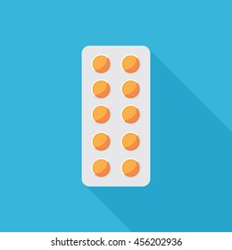 Pills in blister flat icon. Pack with medical drugs. Stylized medication symbol. Health care vector illustration.