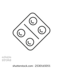 Pills blister icon. Drugstore product. Outline style of round tablets and capsule. Isolated. Editable stroke