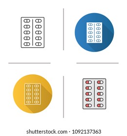 Pills blister icon. Medications. Flat design, linear and color styles. Isolated vector illustrations