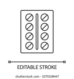 Pills blister linear icon. Thin line illustration. Medications. Contour symbol. Vector isolated outline drawing. Editable stroke