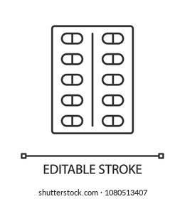 Pills blister linear icon. Thin line illustration. Medications. Contour symbol. Vector isolated outline drawing. Editable stroke