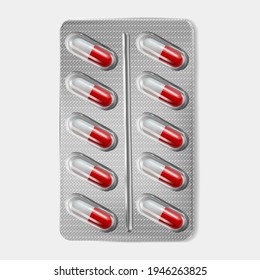 Pills blister pack 3d realistic vector illustration. White red capsule antibiotic tablets mock up  isolated on white background