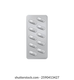 Pills blister pack 3D vector illustration. Realistic metallic package for capsules medicament. Medicine drugs transparent container mock up isolated on white background. Pharmaceutical product