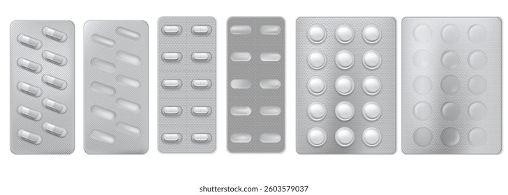 Pills blister pack 3D vector illustrations set. Realistic metallic tablet or capsules medicament packages. Medicine packaging, drugs container mock up isolated. Pharmaceutical product